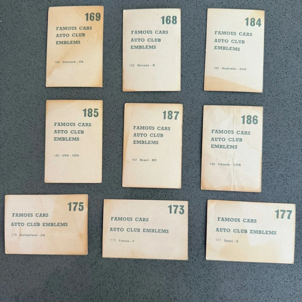 1971 Famous Cars Trading Cards - Lot of 9 -‎ Auto Club Emblems Subset - Rare